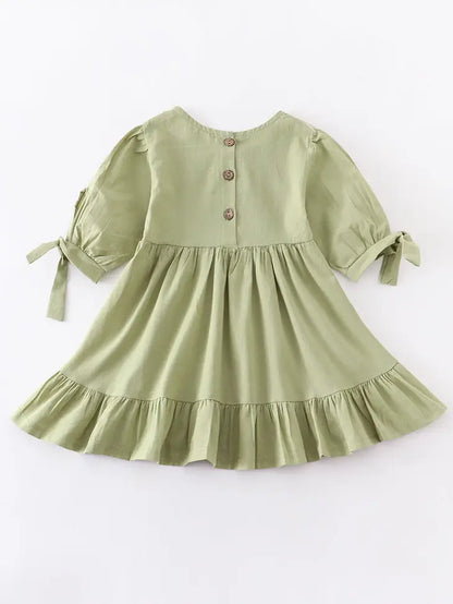 Sage Ruffle Dress with Bow On Sleeve