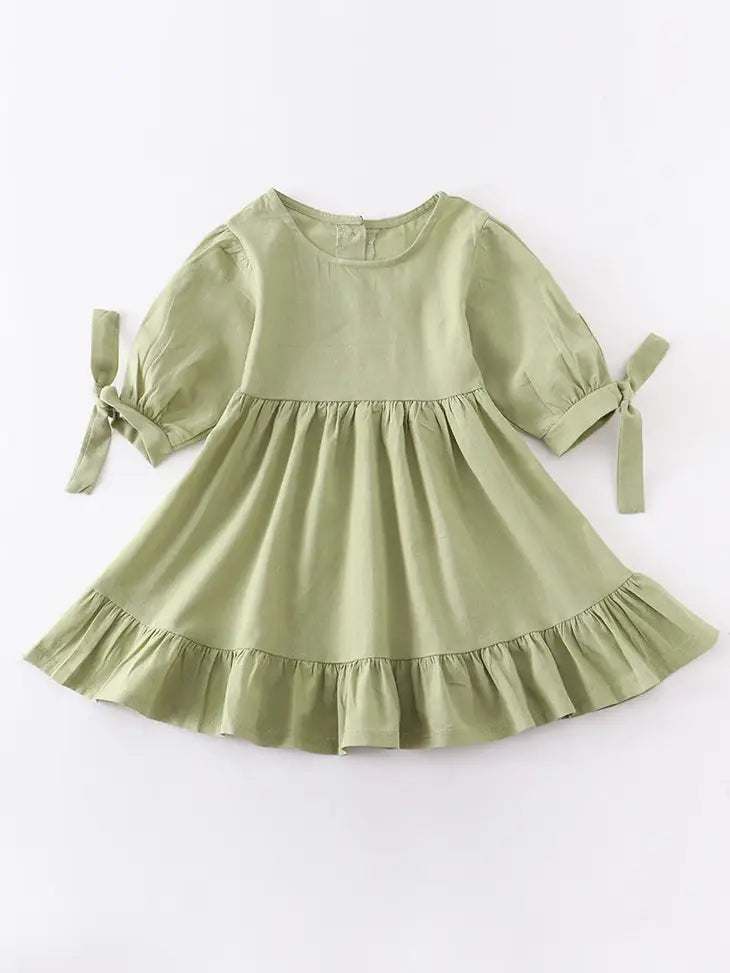 Sage Ruffle Dress with Bow On Sleeve